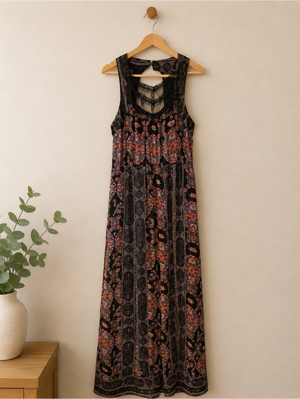 Free People Moroccan Printed Maxi Dress in Black Combo Boho Paisley XS Lace